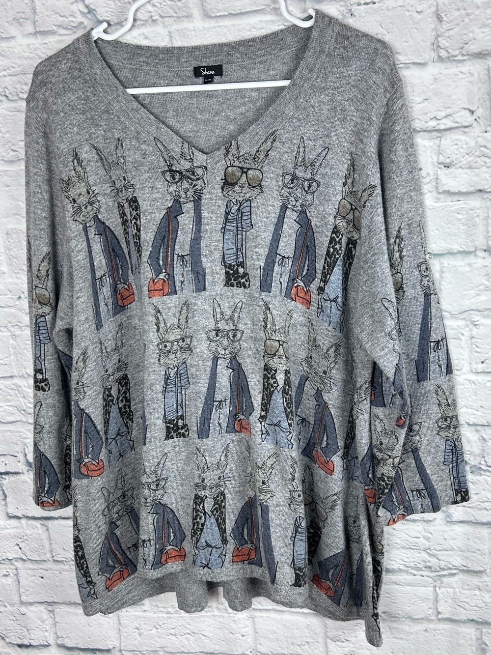 Shana Rabbit Print Sweater XL Gray V Neck Lightweight Novelty Knit Top